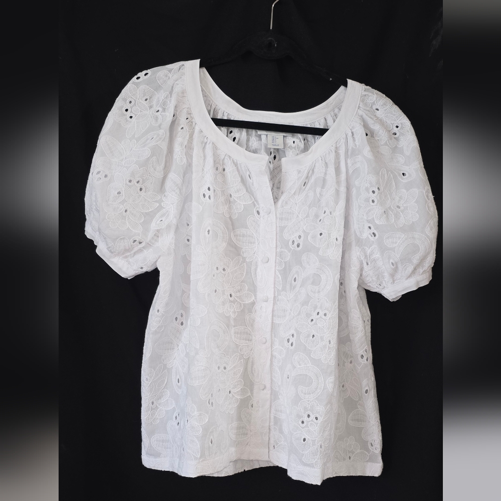 Calypso St. Barth White Eyelet Peasant Top with Puff Sleeves, Size L
